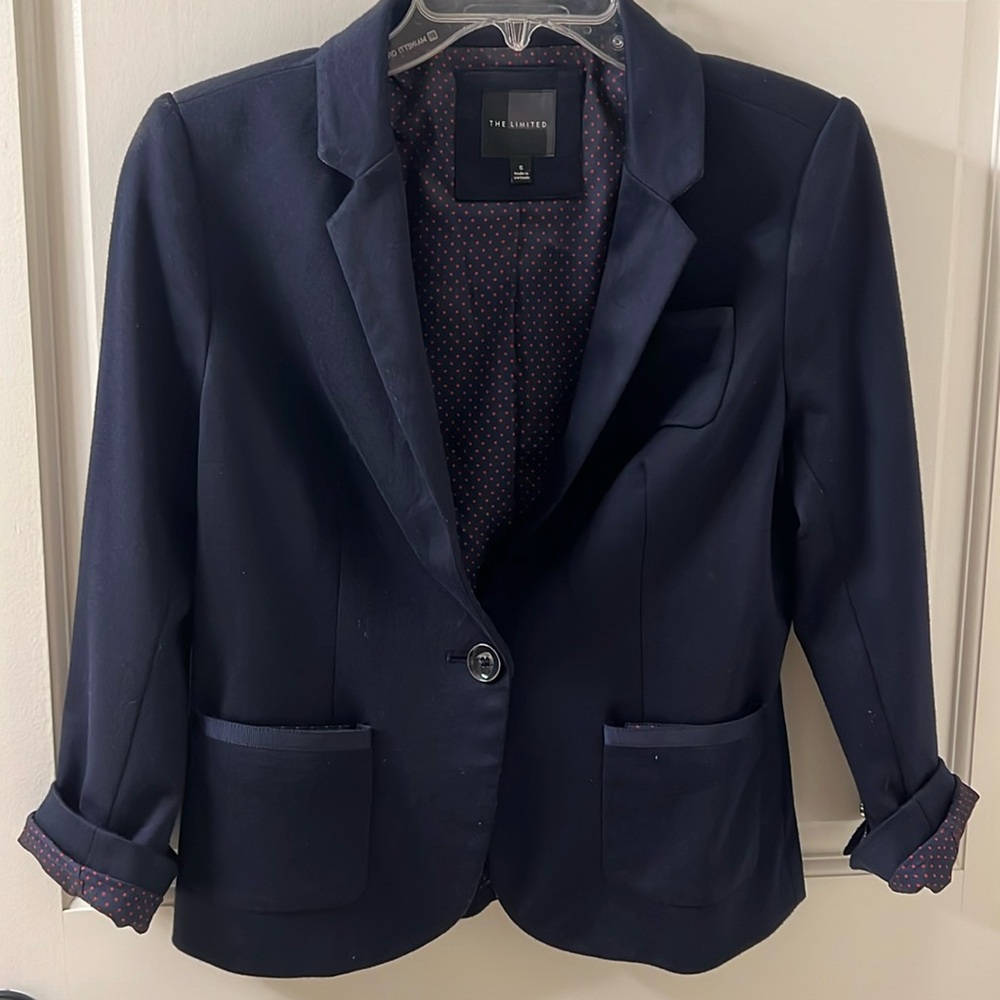 The Limited Small Navy Blazer with Red Polka Dot Interior Lining